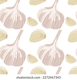 Unpeeled garlic and peeled garlic clove. Seamless pattern in vector. Spicy food. Isolated objects.