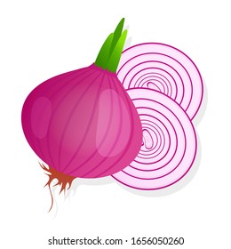 Unpeeled Red Onion Bulb With Green Sprout And Slice Isolated On White Background. Ripe Onion. Vector Illustration.