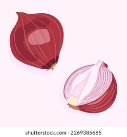 Unpeeled red onion and its peeled half. Food icons set. Vegetables for a healthy diet. Natural product.