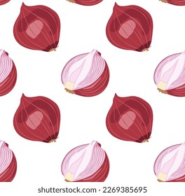 Unpeeled red onion and its peeled half. Seamless pattern in vector. Suitable for printing, backgrounds and prints.