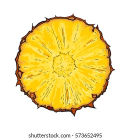 Unpeeled round pineapple slice, top view, sketch style vector illustration isolated on white background. Realistic hand drawing of fresh, ripe pineapple slice, half pineapple