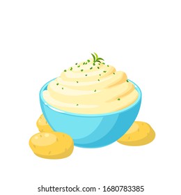 Unpeeled tubers and bowl of mashed potatoes. Vector illustration cartoon flat icon isolated on white background.