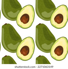 Unpeeled whole avocado and half. Food pattern. Seamless pattern in vector. Isolated image of an avocado. Suitable for print and background.