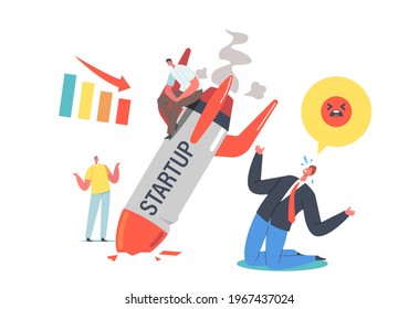 Unplanned Business Loss and Fail. Startup Rocket Crash Concept. Management Mistake and Problem, Workers First Bad Experience. Businesspeople Shocked about Failure. Cartoon People Vector Illustration