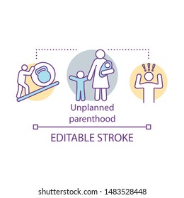 Unplanned parenthood concept icon. Single parenthood idea thin line illustration. Unwanted, unintended pregnancy. Parenting stress. Raising child burden. Vector isolated drawing. Editable stroke