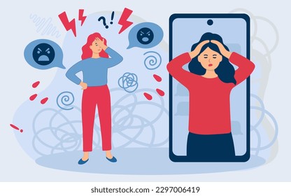 Unpleasant online conversation. Young women hold their heads. Angry emoji, negative emotions. 