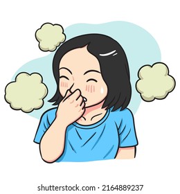 Unpleasant smell concept.  Girl teenager cartoon character covering nose with hands smelling disgusting odor from something outside vector illustration