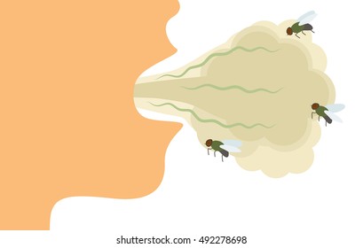 Unpleasant smell from the open mouth of man. flat vector illustration isolated on white background.