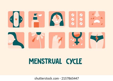 Unpleasant Symptoms Of Dysmenorrhea On Colorful Background With Menstrual Cycle Lettering. Hormone Imbalance, PMS Infographic. Women Abdominal Pains And Headaches. Flat Vector Illustration