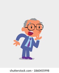 Unpleasantly surprised cartoon character of businessman looks to the side