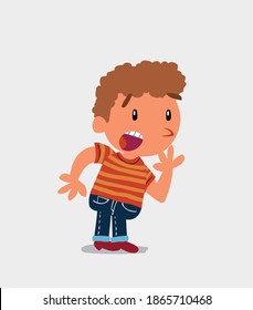 Unpleasantly surprised cartoon character of  little boy on jeans looks to the side