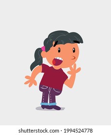 Unpleasantly surprised cartoon character of  little girl on jeans looks to the side