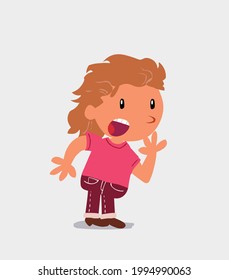 Unpleasantly surprised cartoon character of  little girl on jeans looks to the side