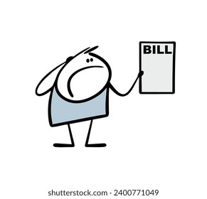 Unpleasantly surprised stickman holds a piece of paper with an invoice in his hand. Vector illustration the stickman is upset with  large amount, he needs to pay the bill. Isolated character on white.