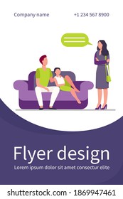 Unpleased woman talking with husband and son on sofa. Couch, wife, home flat vector illustration. Family and relationship concept for banner, website design or landing web page