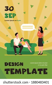 Unpleased woman talking with husband and son on sofa. Couch, wife, home flat vector illustration. Family and relationship concept for banner, website design or landing web page