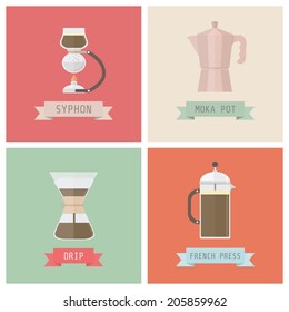 unplug coffee methods, syphon, moka pot, drip, french press, pastel style