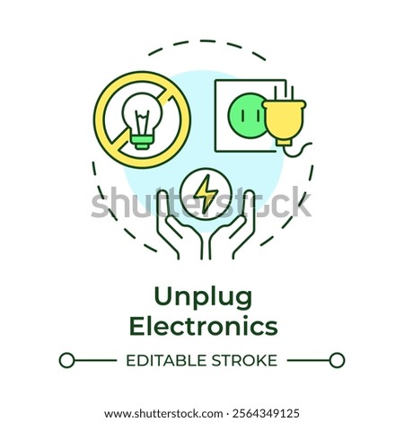 Unplug electronics multi color concept icon. Prevent phantom power loss. Energy saving tip. Sustainability. Round shape line illustration. Abstract idea. Graphic design. Easy to use in article