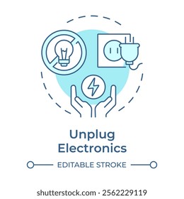 Unplug electronics soft blue concept icon. Prevent phantom power loss. Energy saving tip. Sustainability. Round shape line illustration. Abstract idea. Graphic design. Easy to use in article