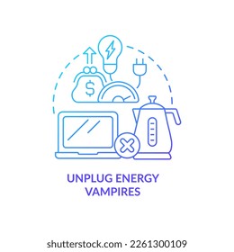 Desenchufe el icono de concepto de gradiente azul de vampiros de energía. Reducción del consumo de electricidad. Reduzca el consumo de energía en la ilustración abstracta de la línea delgada de la idea. Dibujo de contorno aislado. Se usa una fuente Myriad Pro-Bold