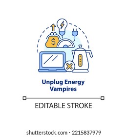 Unplug energy vampires concept icon. Saving electricity. Reduce power drain abstract idea thin line illustration. Isolated outline drawing. Editable stroke. Arial, Myriad Pro-Bold fonts used