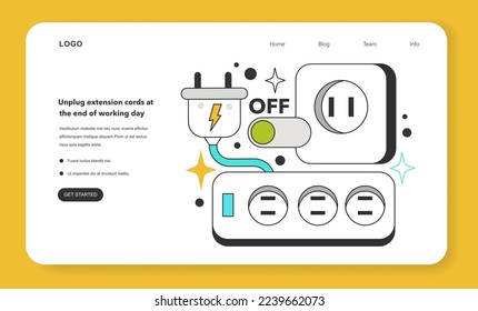 Desenchufe los cables de extensión al final de la jornada laboral para la eficiencia energética en el banner web de trabajo o en la página de aterrizaje. Cómo reducir el costo de los servicios públicos de oficina y el consumo de electricidad. Ilustración vectorial plana