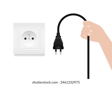 Desenchufe. Desenchufe a mano el enchufe eléctrico del zócalo eléctrico. Guardar Concepto de energía y electricidad. Ilustración vectorial. 