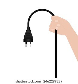 Unplug. Hand Unplugging Electric Plug from Electric Socket. Save Energy and Electricity Concept. Vector Illustration. 