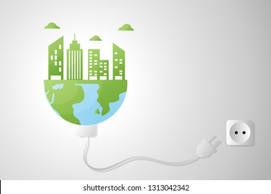 Unplug The Power To Save Energy And Save The World. Green Nature City On Earth. Eco-friendly Concept. Campaign To Reduce Global Warming. Vector Illustrations In Flat Design. Copy Space For Text Input.