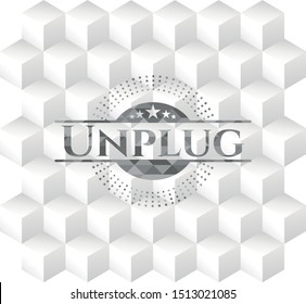 Unplug retro style grey emblem with geometric cube white background