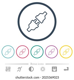 Unplugged power connectors outline flat color icons in round outlines. 6 bonus icons included.
