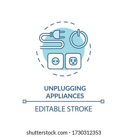 Unplugging Appliance Turquoise Concept Icon. Cable Safety. Domestic Electricity Consumption. Resource Saving Idea Thin Line Illustration. Vector Isolated Outline RGB Color Drawing. Editable Stroke