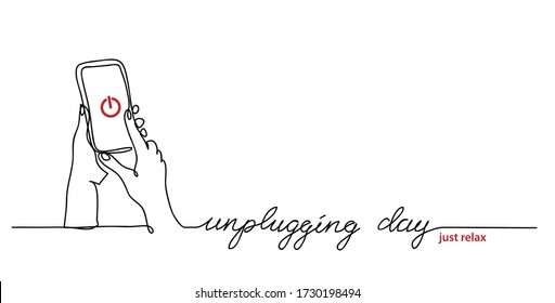 Unplugging day simple vector illustration, web banner, background. Hands turn off the phone. One continuous line drawing background.