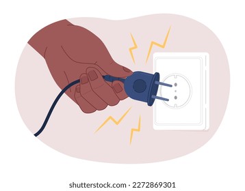 Unplugging devices 2D vector isolated spot illustration. Turning off electrical devices. Flat character hand on cartoon background. Colorful editable scene for mobile, website, magazine