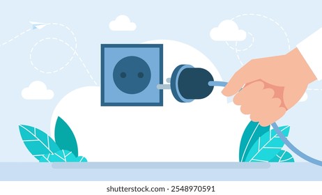 Unplugging hand. Error 404. Electrical safety rules and tips. Never pull a plug from an outlet by its cord. Close-up view of socket. Flat design. Vector illustration