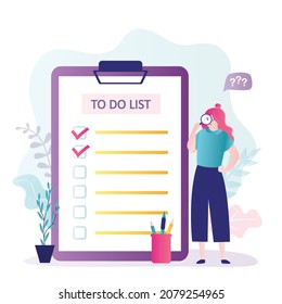 Unproductive girl reviewing to-do list. Female character looking for unfinished tasks using magnifying glass. List of outstanding and completed tasks. Case planning, organization. Vector illustration