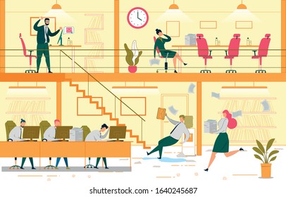 Unproductive Workplace Flat Vector Illustration. Angry Executive Manager and Inefficient Workers Cartoon Characters. Stressful Working Atmosphere. Company Office with Lazy Employees Cross section