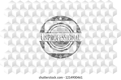 Unprofessional grey emblem. Retro with geometric cube white background