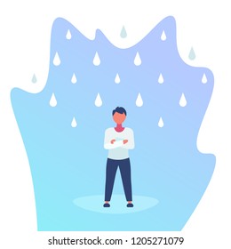 unprotected man standing under rain cloud rainy day problem concept full length flat vector illustration
