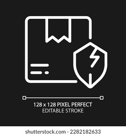 Ungeschütztes Parcel Pixel perfekt weiß lineares Symbol für dunkles Thema. Bestellen Sie Schäden. Lieferfehler Dünne Illustration. Einzelnes Symbol für den Nachtmodus. Bearbeitbarer Strich. Arithmetik verwendet