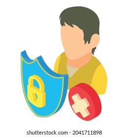 Icono de privacidad no protegido vector isométrico. Hombre, escudo, cerradura y señal cruzada. Protección de la información personal, tecnología de Internet