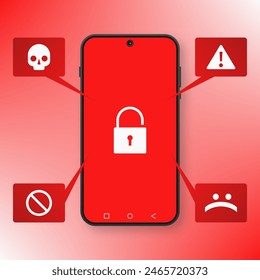 Ungeschütztes Smartphone: Vektorillustration eines ungeschützten Smartphones mit Warnmeldungen