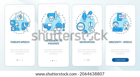 Unprotected speech types onboarding mobile app page screen. Incitement to violence walkthrough 4 steps graphic instructions with concepts. UI, UX, GUI vector template with linear color illustrations
