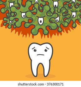 Unprotected tooth under the threat of bacterias. Teeth and oral hygiene concept. Vector illustration.