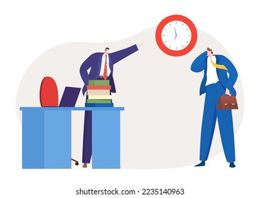 Unpunctual businessman, vector illustration, flat businessman worker character late to office, angry boss manager point at clock, stand near table.