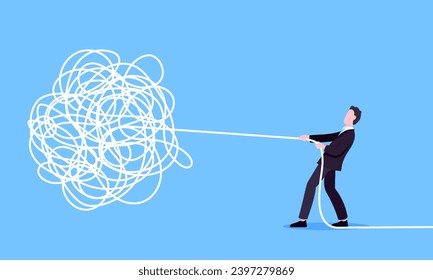 Unravel business chaos process with tangle difficult problem mess business concept flat style design vector illustration. Chaos to order, complex to simple metaphor with person trying solve mess cable