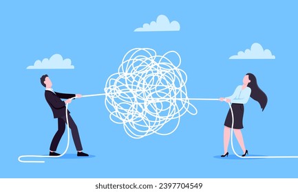Unravel business chaos process with tangle difficult problem mess business concept flat style design vector illustration. Chaos to order, complex to simple metaphor with person trying solve mess cable