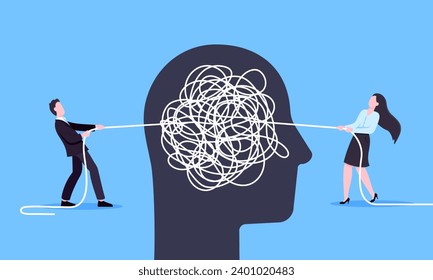 Unravel business chaos process with tangle difficult problem mess business concept flat style design vector illustration. Chaos to order, complex to simple metaphor with person trying solve mess cable