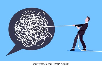 Unravel business chaos process with tangle difficult problem mess business concept flat style design vector illustration. Chaos to order, complex to simple metaphor with person trying solve mess cable