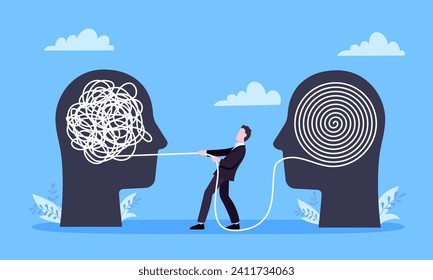 Unravel business chaos process with tangle difficult problem mess business concept flat style design vector illustration. Chaos to order, complex to simple metaphor with person trying solve mess cable